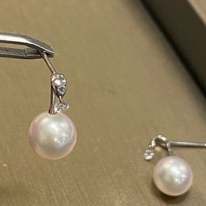 18K White Gold Japanese Akoya Pearl and Drilled Diamond Earrings